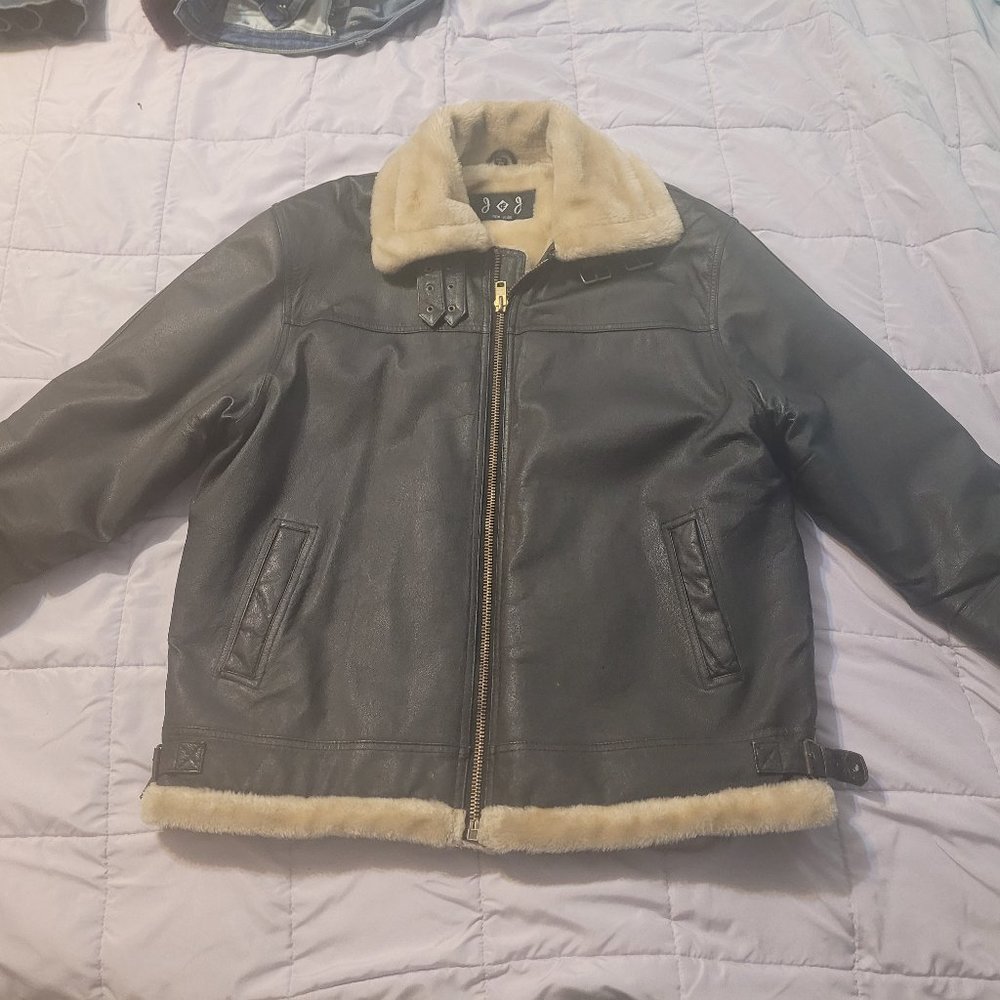 Vintage 1980's J & J Brown Leather Bomber Aviator Jacket Fleece Lined Unisex L